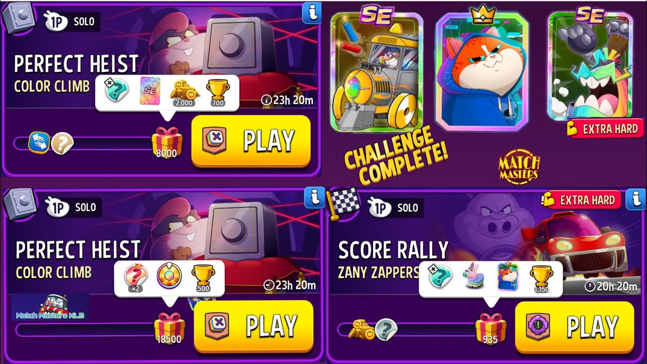 Play 3 Solo, Perfect Heist Color Climb 8,000 +18,500 /Score Rally ZANY ZAPPERS EXTRA HARD 935 points