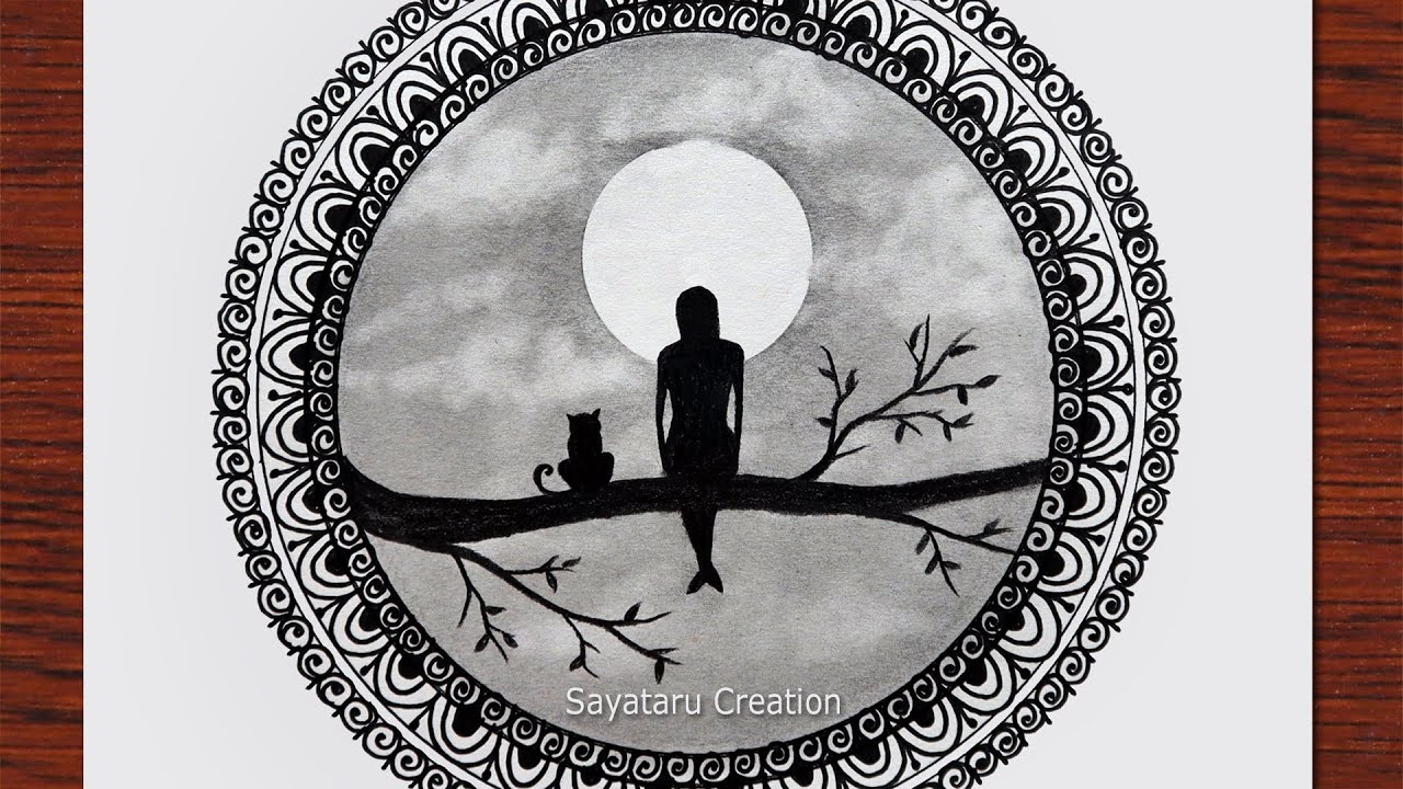 How to draw a sad girl sitting alone easy, Mandala art for beginners, moonlight drawing