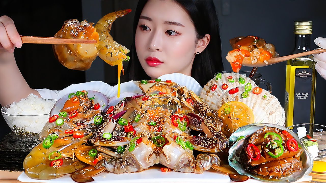 ASMR Соевый соус маринованные морепродукты 🦀Краб, Морской гребешок, Креветка, Ушка MUKBANG EATING
