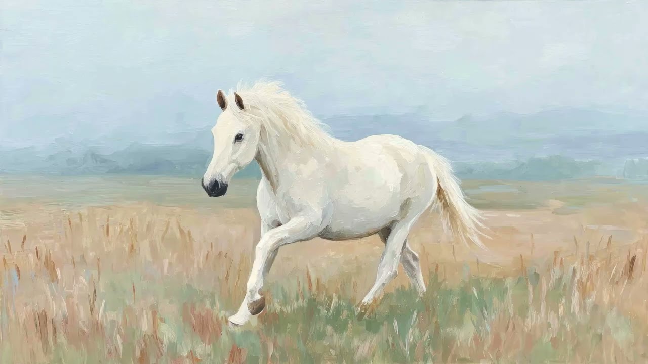 White Horse Galloping 4K Framed TV Art 🐎 Scenic Animal Wallpaper, Ambient Countryside Background