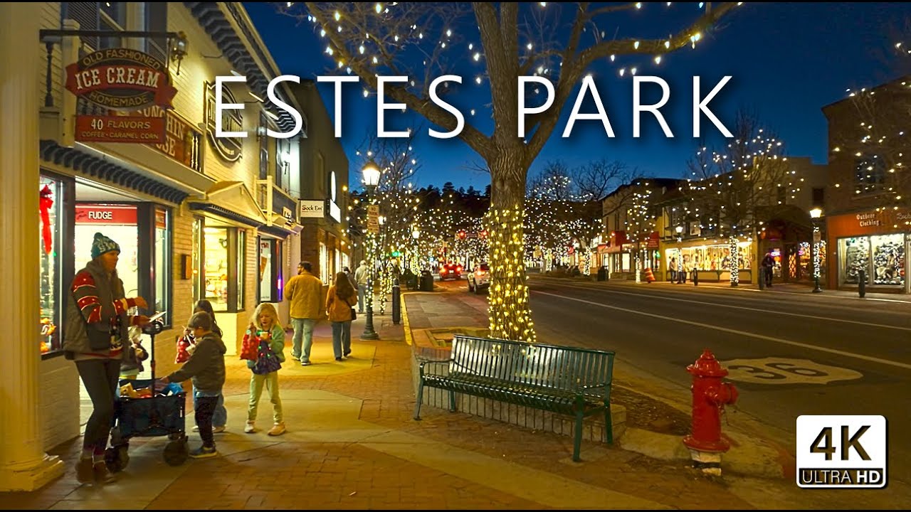 Estes Park Colorado - Winter Evening in Christmas Decorated Rocky Mountains Town - 4K Walking Tour