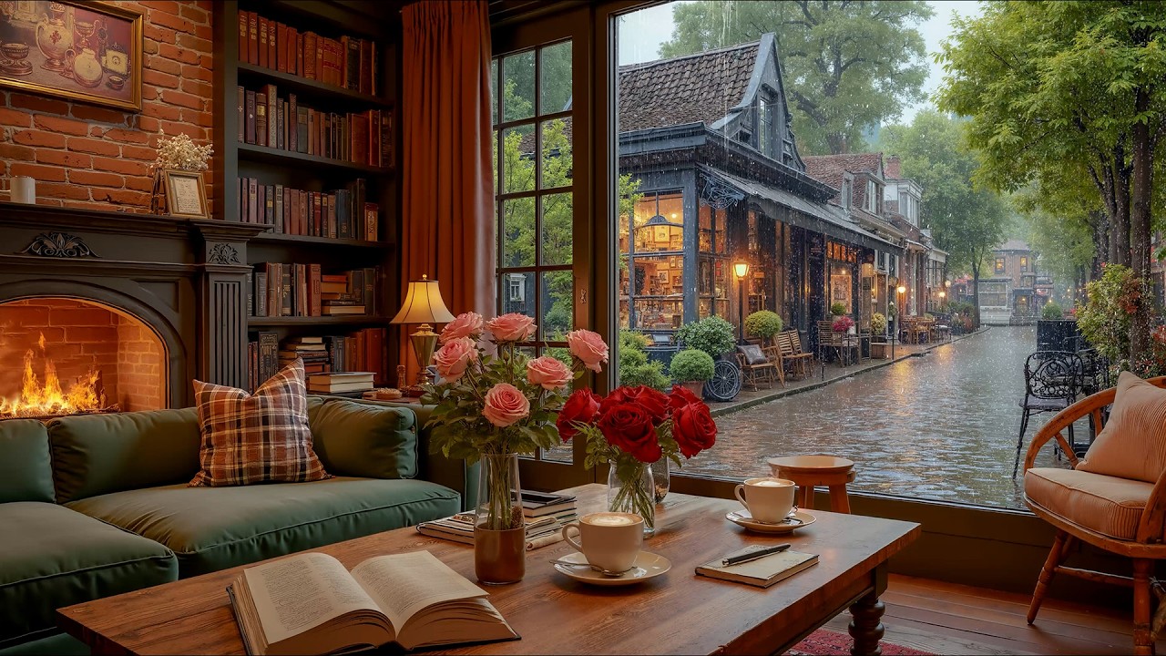Rain Coffee Shop Music ☕ Smooth Jazz Piano & Fireplace Sounds for Work, Study
