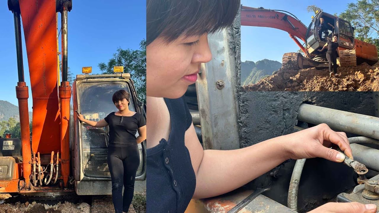 Girl repairing excavator at construction site to help owner