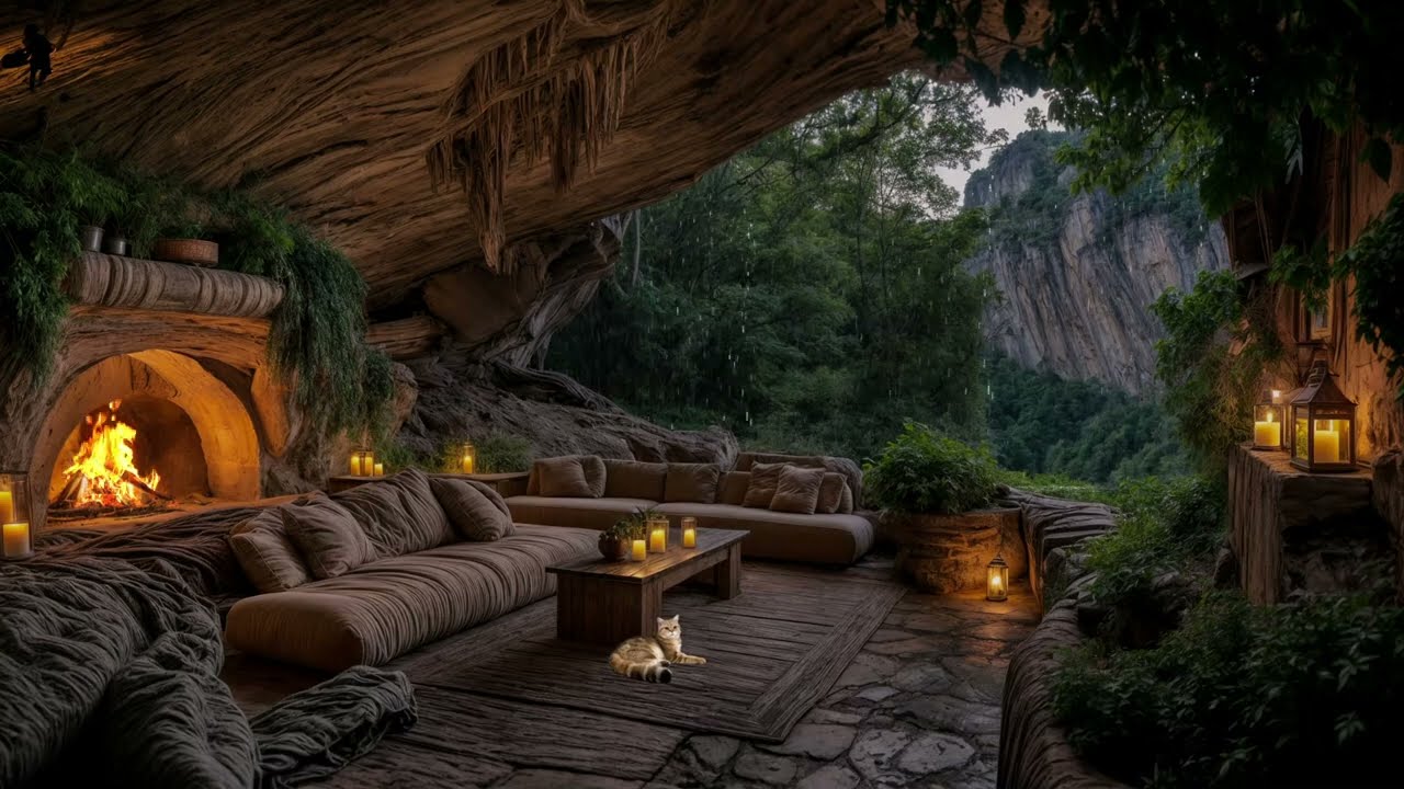 Rain Echoes and Firelight in a Hidden Cave Retreat | Deep Relaxing Ambience