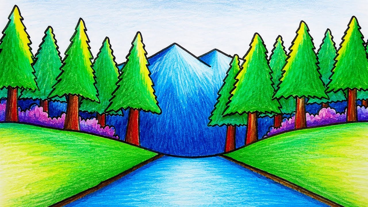 How to Draw Pine Forest with Color Pencils for Beginners | Easy Mountain and Forest Scenery Drawing