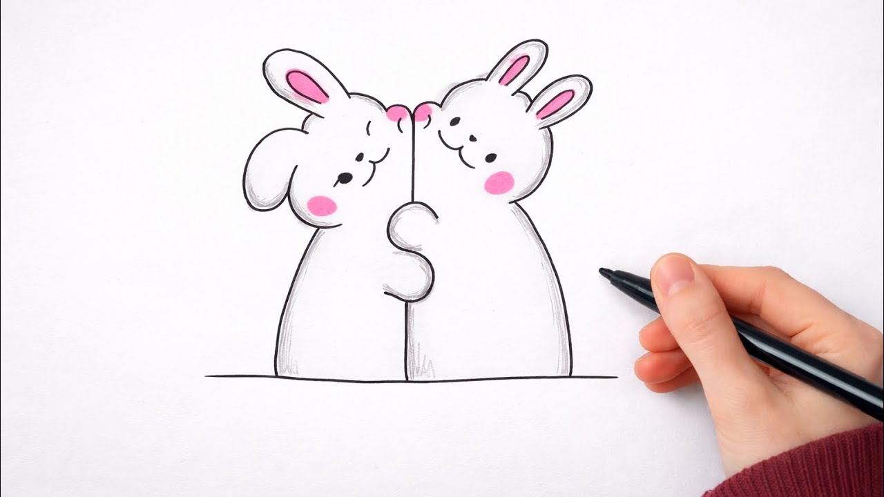How to Draw Cute Bunnies Hugging | Easy Kawaii Drawing
