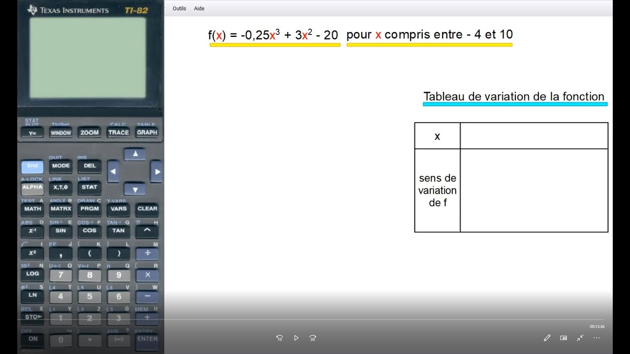 FONCTIONS: TI 82 - Représentation graphique et tableau de variation d'une fonction - Bac Pro