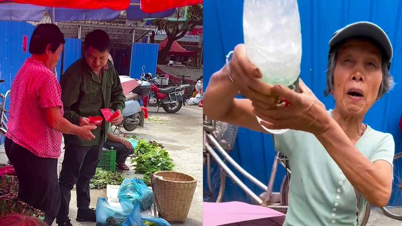 阿義上集市乞討遭到潑水驅趕，旁邊好心大娘仗義出手借阿義3塊錢，阿義反手買光大娘的菜再送上一個大紅包！【阿義走鄉村】