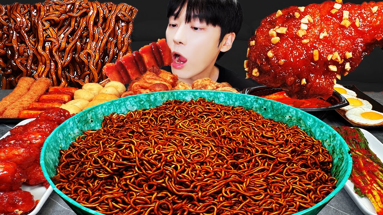 ASMR MUKBANG | Жареный цыпленок, жаренное яйцо, лапша с черной фасолью, кимчи Корейская еда