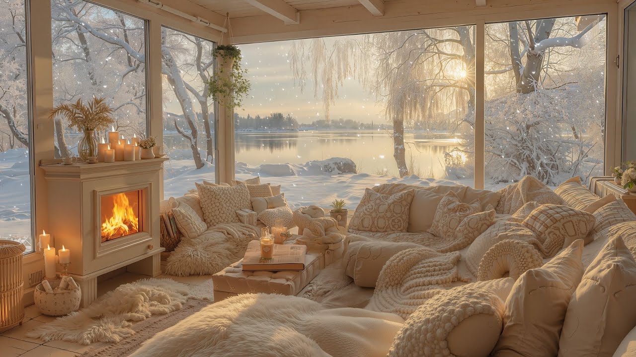 Tranquil Winter Lake Cabin ❆ Relaxing Piano, Fireplace & Falling Snow for Work & Study