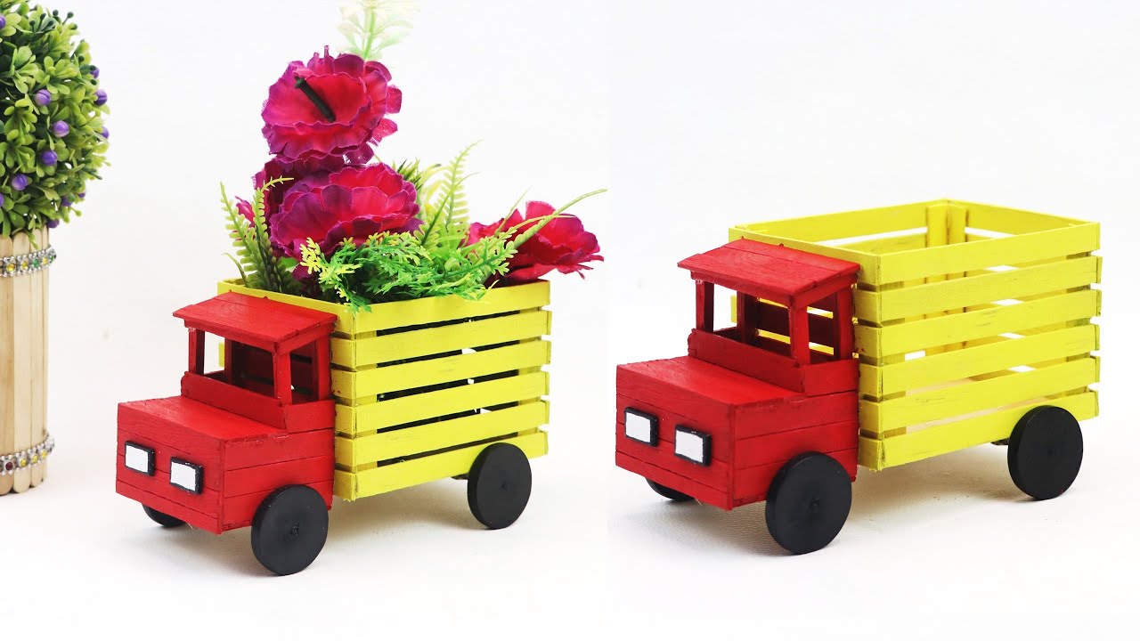 ice cream stick flower vase making |आइसक्रीम की छड़ी से बानाये फूलदान | vase look like pickup truck