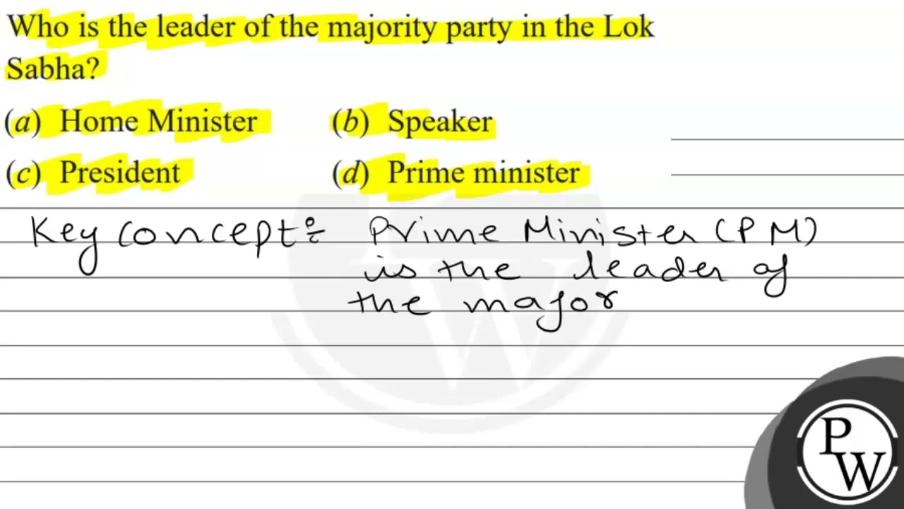 Who is the leader of the majority party in the Lok Sabha? (a) Home Minister (b) Speaker (c) Pres...