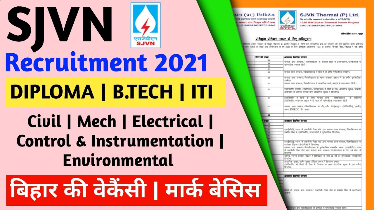 SJVN Recruitment 2021 Bihar | Diploma B.tech ITI | Fresher 2020 - 2021 Passout Eligible | No Exam |