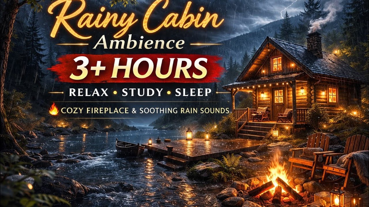 Rainy Cabin Ambience 🌧 Cozy Cabin in Rain with Fireplace Sounds (3 Hours Sleep & Relax)