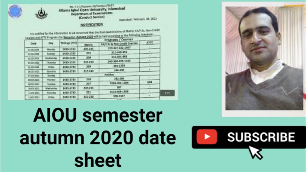 AIOU semester autumn 2020 date sheet