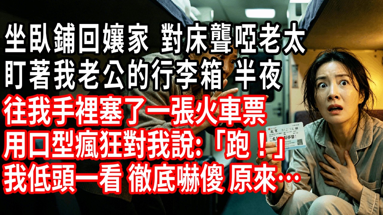 坐高鐵臥鋪回孃家，對床的聾啞老太太一直死死盯著我老公的行李箱。半夜她突然爬起來，往我手裡塞了一張火車票，用口型瘋狂對我說：「跑！」我低頭一看，徹底嚇傻。原來&hellip;&hellip; #情感故事 #人生感悟 #生活经验