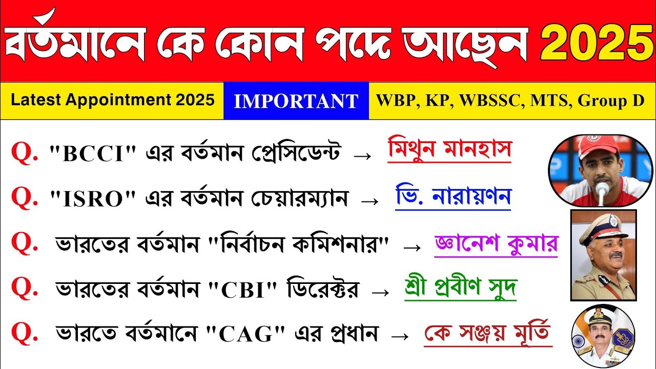 বর্তমানে কে কোন পদে আছেন 2025 ? Appointment 2025 Current Affairs In Bengali 🔥 গুরুত্বপূর্ণ নিয়োগ