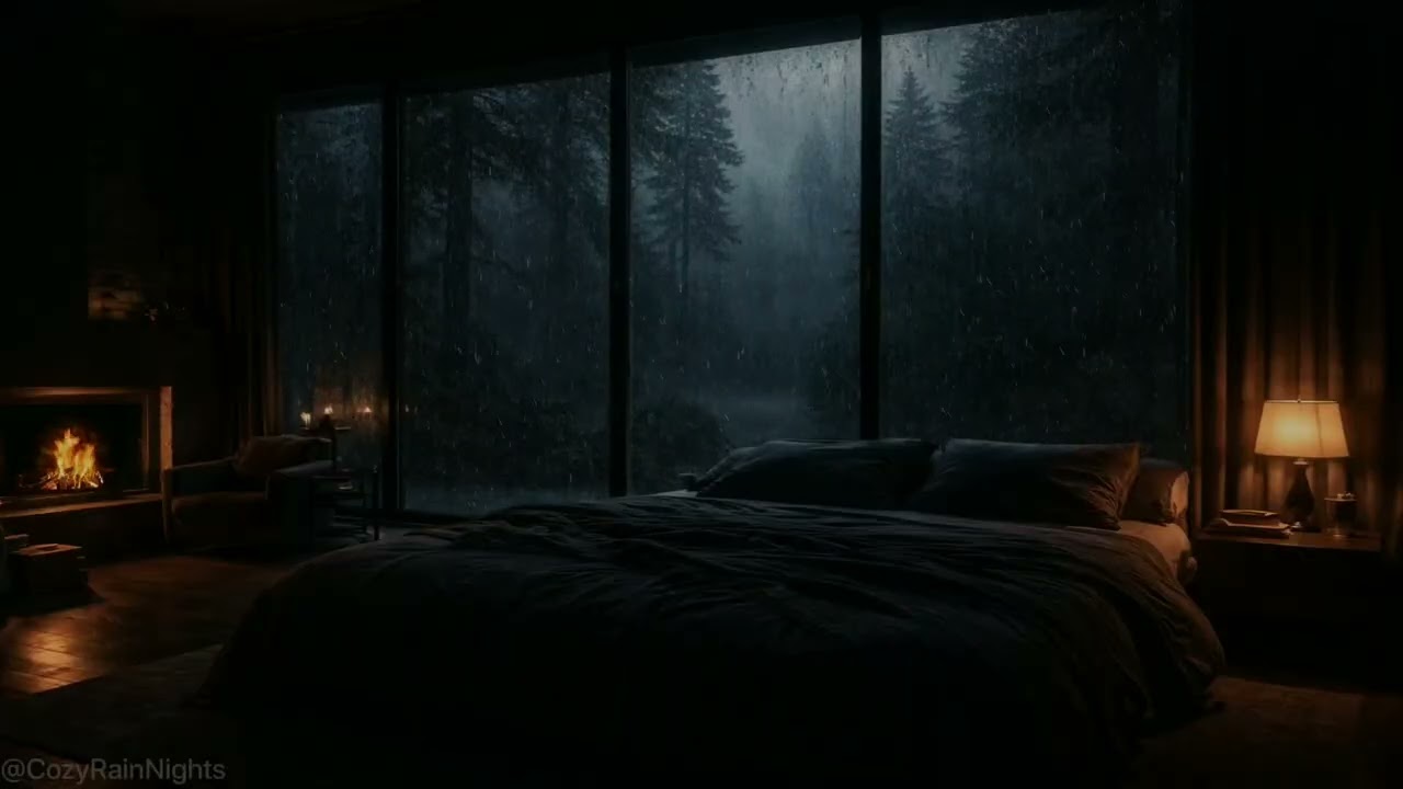 12 Hours of Relaxing Rain Sounds & Crackling Fireplace 💤🌧️ Dark Bedroom Sleep Ambience