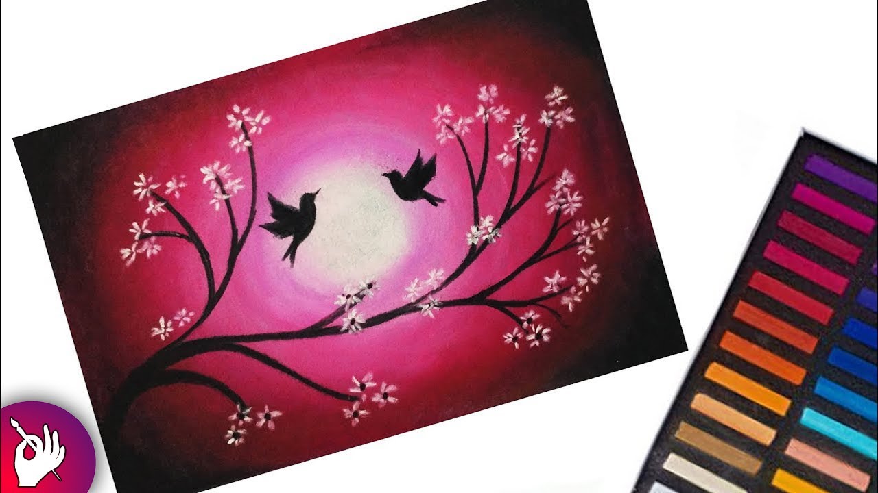 Scenery drawing of love birds with soft pastels - pastel drawing