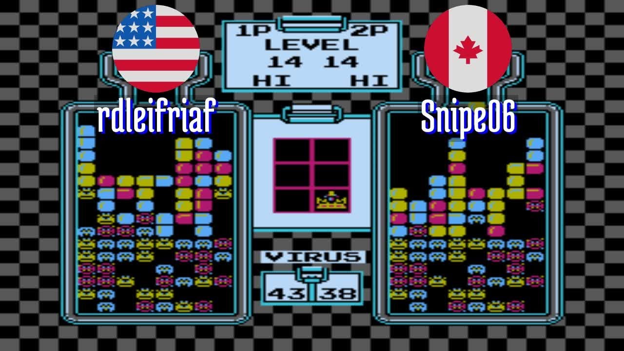FT2 @nes_drmario: rdleifriaf (US) vs Snipe06 (CA) [Dr. Mario NES Fightcade] Feb 11