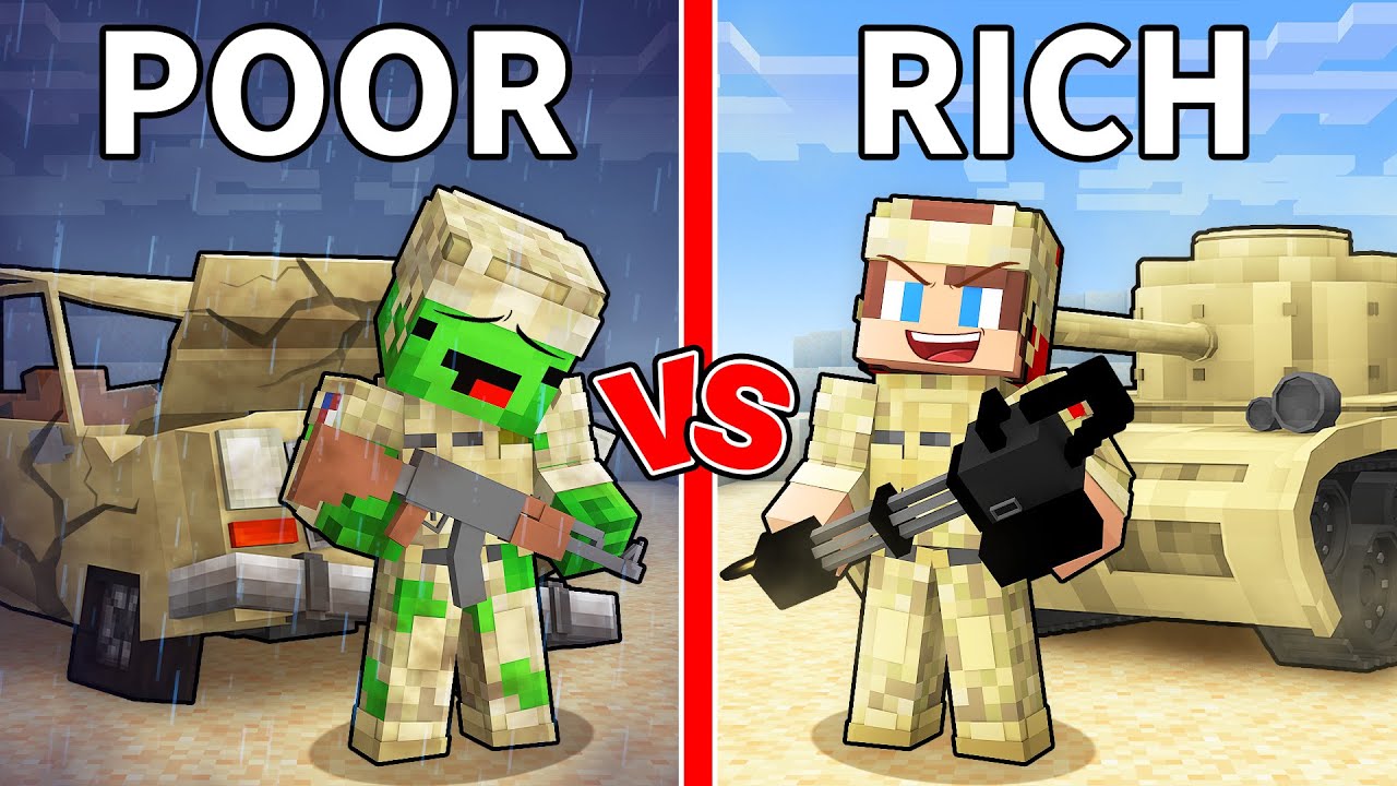 JJ and Mikey: POOR vs RICH Army Military Battle in Minecraft - Maizen