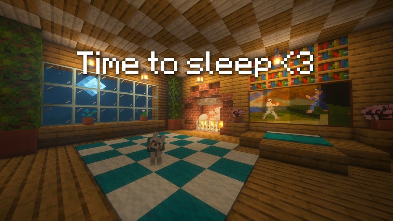 Minecraft Cozy Night with Dog 🐶🌙 Rainy Night & Fireplace – 8 Hours for Sleep & Study