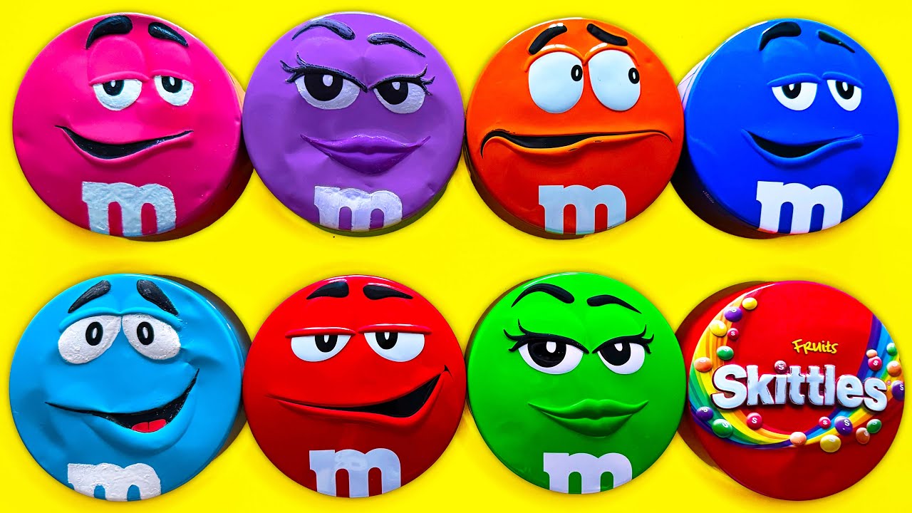 6 Minutes Satisfying with Fresh Unpacking Glossy M&M'S and Skittles Tins Full of Rainbow Candy ASMR