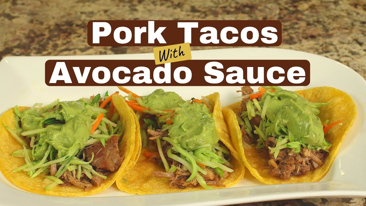 Pressure Cooker Pork Tacos With Broccoli Slaw & Avocado Sauce