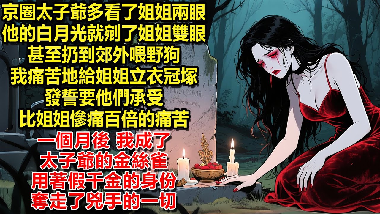 京圈太子爺多看了姐姐兩眼，他的白月光就剜了姐姐的雙眼，甚至扔到郊外荒山喂野狗。我痛苦地給姐姐立衣冠塚，發誓要他們承受比姐姐慘痛百倍的痛苦。一個月後我成了太子爺的金絲雀，用著假千金的身份奪走了兇手的一切