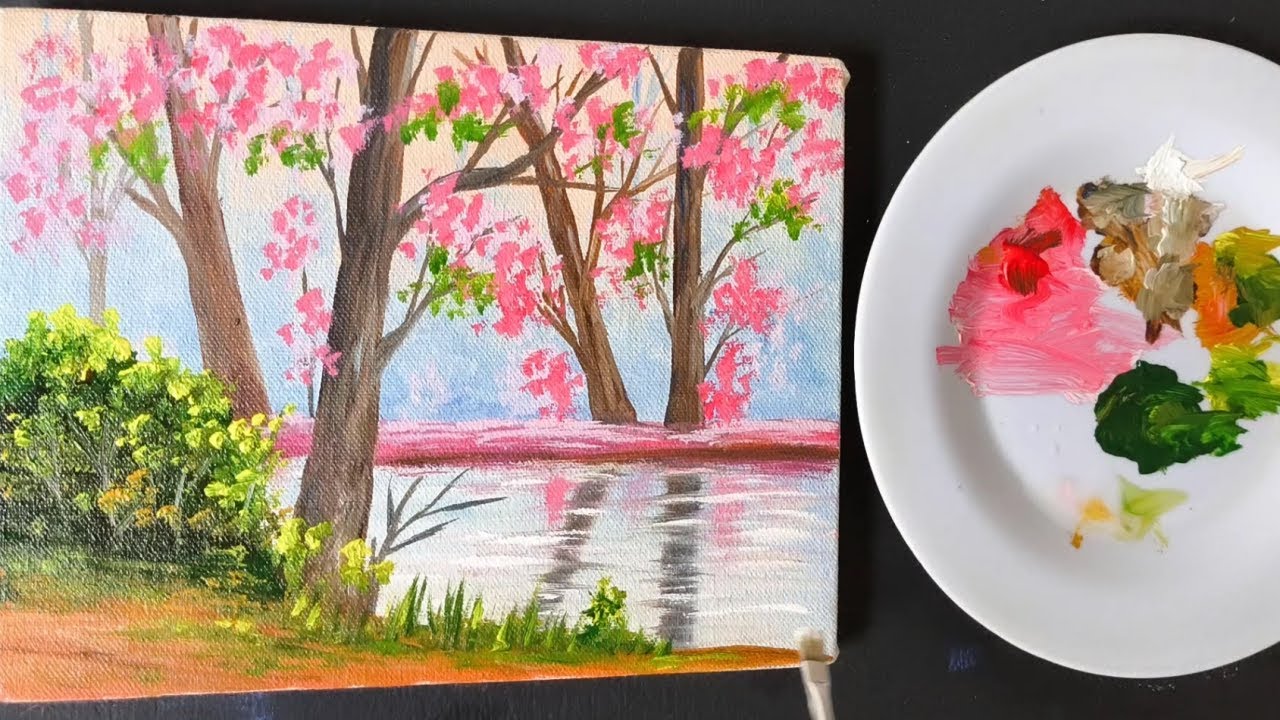 Pintura em tela de paisagem rosada fácil para iniciantes - Como pintar uma paisagem fácil