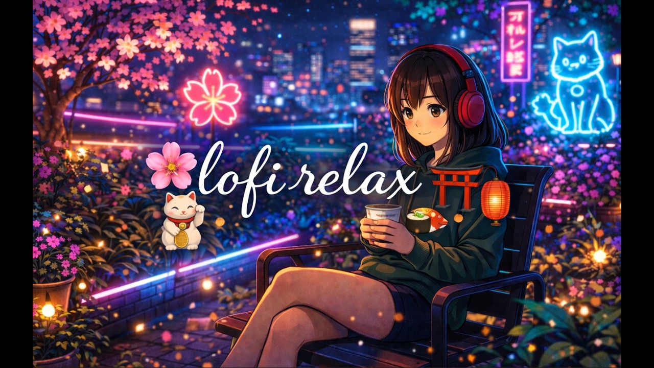 1 Hour Lo-Fi Chill in a Japanese Garden 🌸 Coffee & Neon Lights | Relaxing Study & Work Ambience