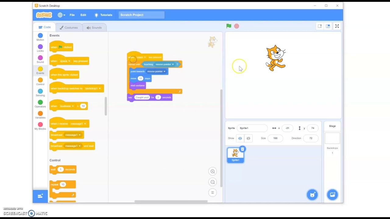 Scratch programming Cat and Mouse game easy beginner code club - Home schooling
