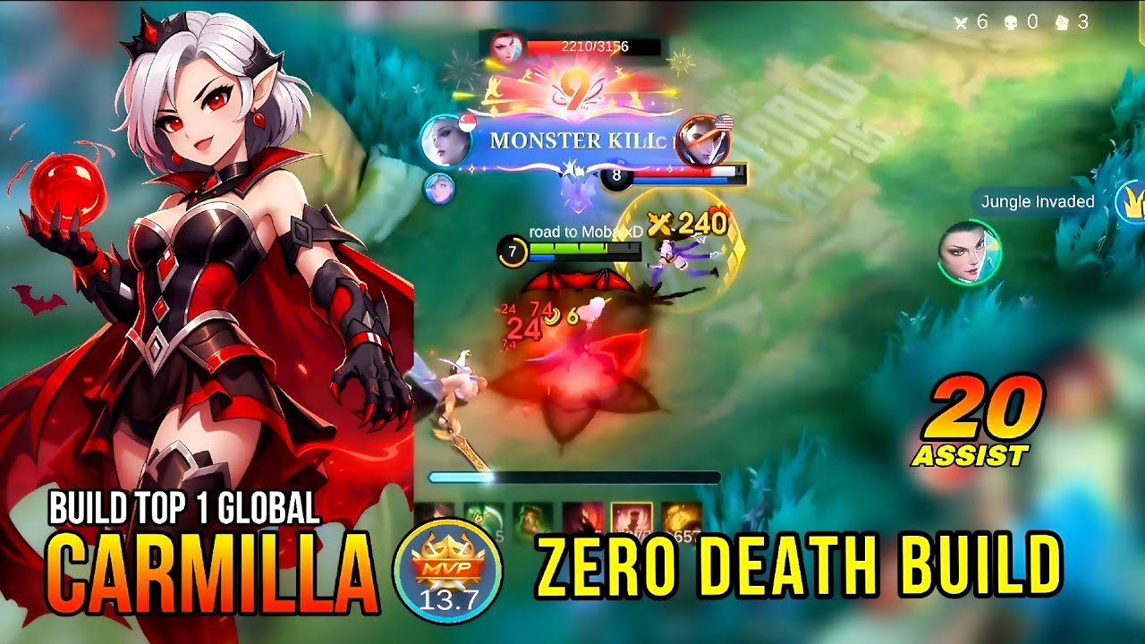 CARMILLA ZERO DEATH 😱 20 ASSIST MVP | BUILD TOP 1 GLOBAL | MLBB