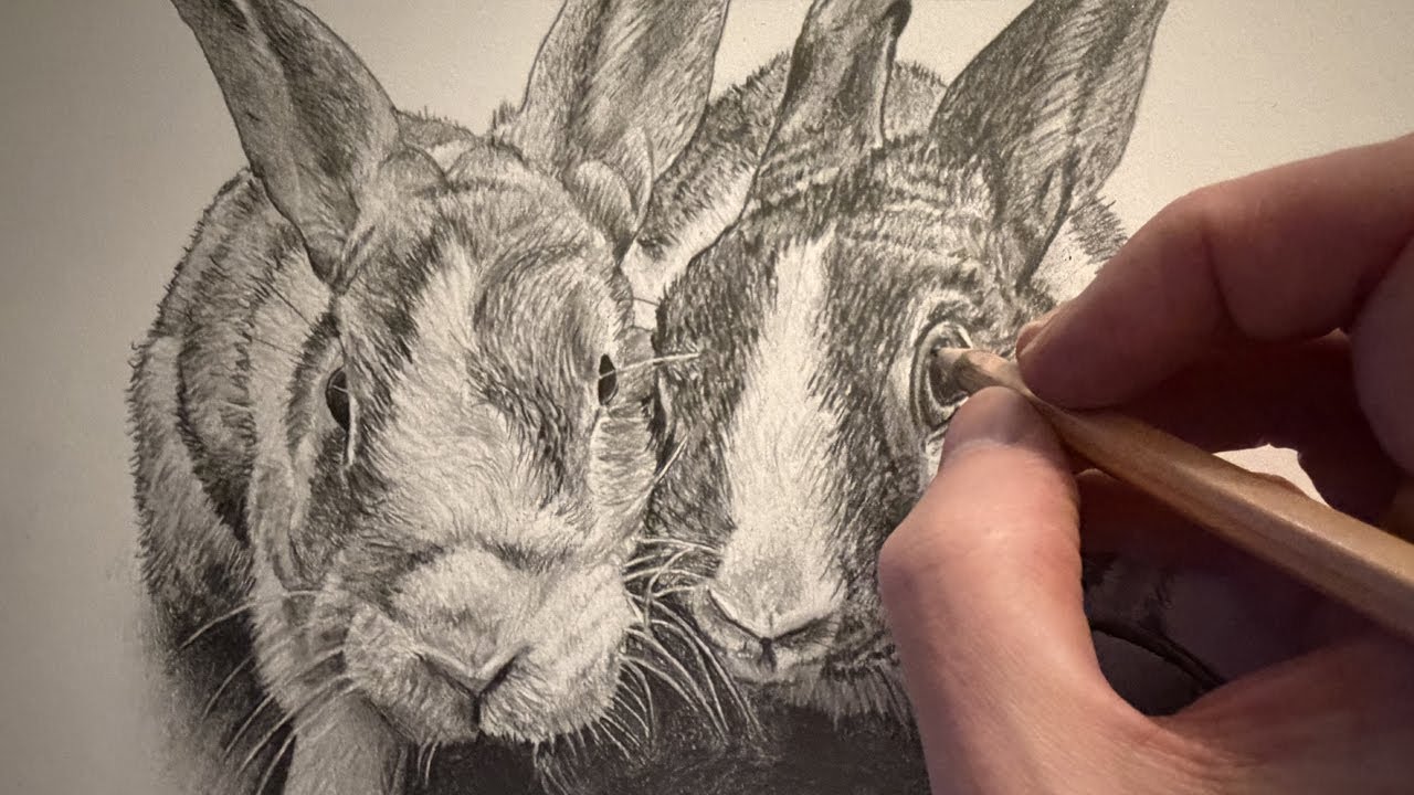 Time-lapse Drawing of bunnies Octavia & Walnut | Custom Pet Portrait in Graphite