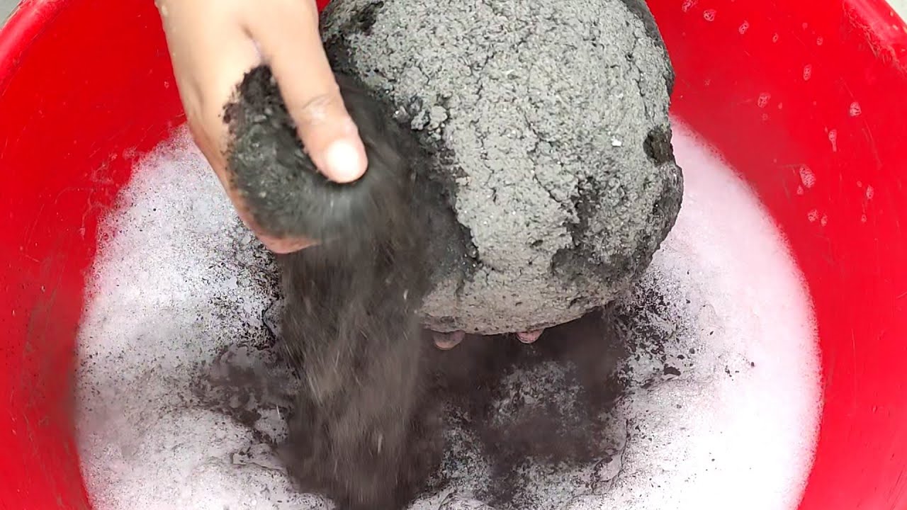 ASMR: dust overloaded/crispy soft pure Charcoal shapes crumble in foamy water+dry on paste 🤤🖤
