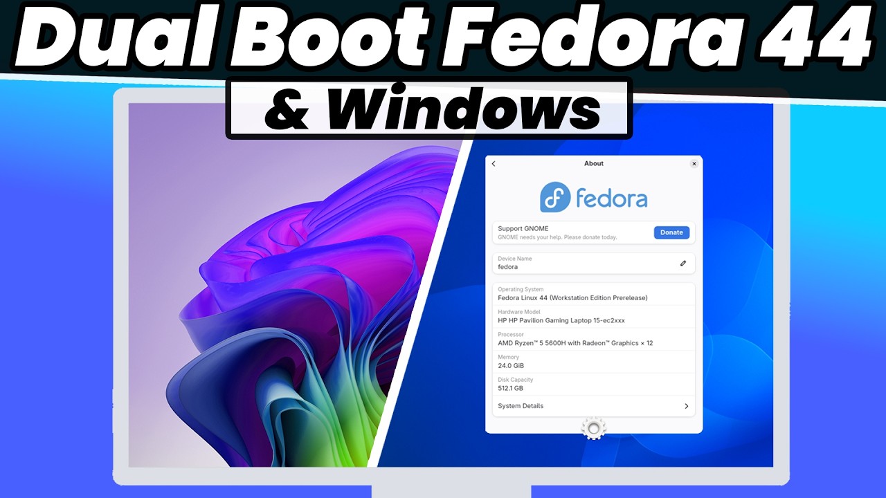 Как установить двойную загрузку FEDORA 44 и Windows 11 (2026)