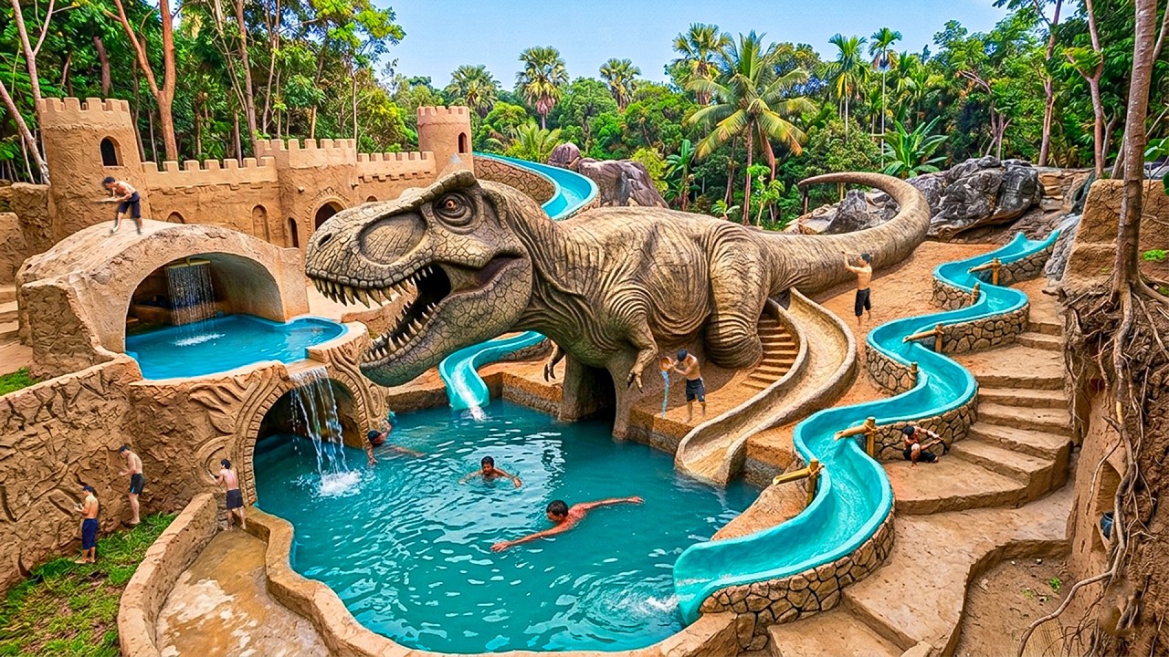 190 Days Building a T-Rex Dinosaur Waterpark with Multi-Level Spiral Slides Using Primitive Tools