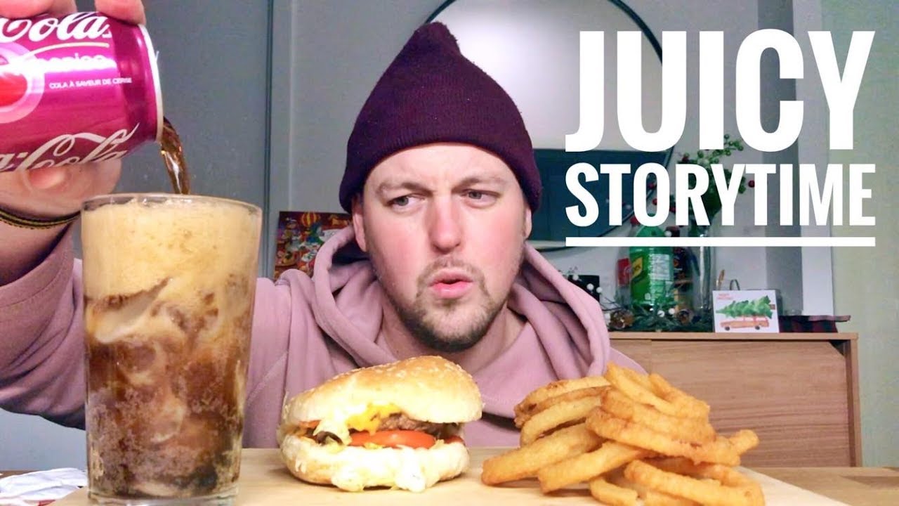 BURGER - ONION RINGS + JUICY STORYTIME MUKBANG