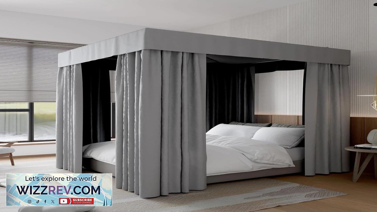 Black Queen Canopy Bed Curtains Lightproof 4 Corner Post Drapes Breathable Easy