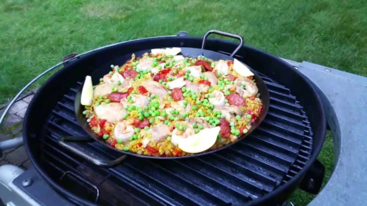 Paella cooked in the Lodge 15'' Carbon Steel Skillet on the Weber Performer