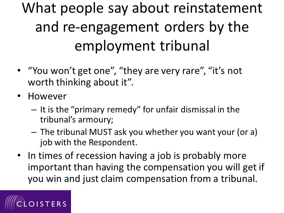 Unfair dismissal  Remedies Reinstatement and re engagement