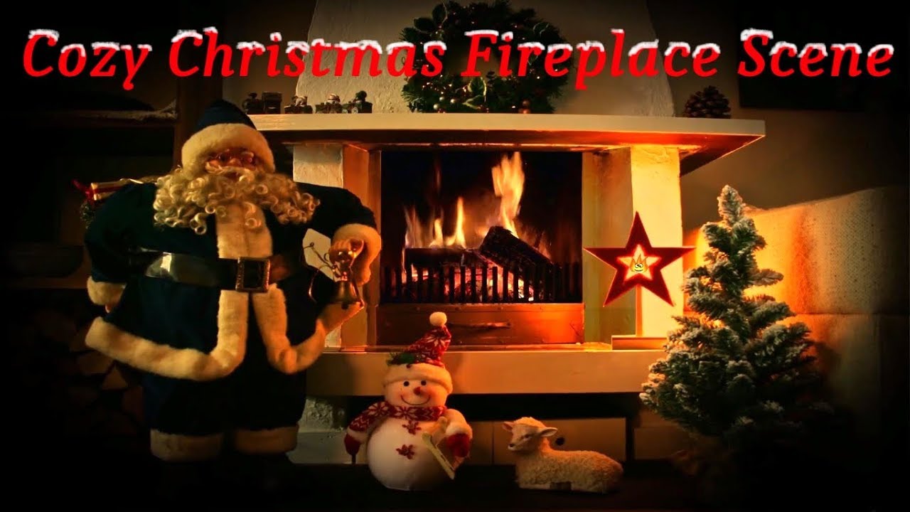 Cozy Fireplace Scene with Christmas Decorations (Snowy Tree, Santa, Snowman, Lamb)