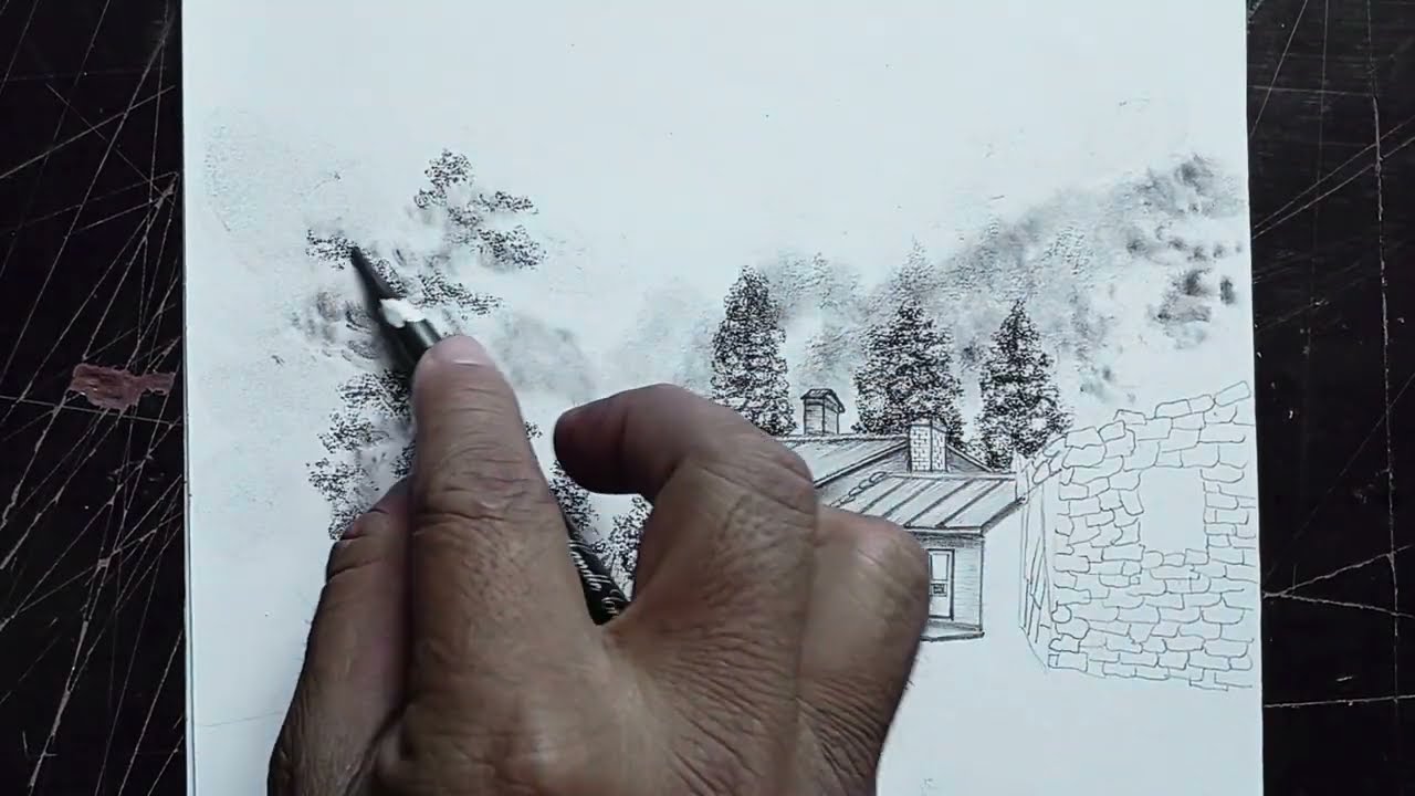 How to Draw a Village House by the Road | Large Wooden Trees Side View Drawing Tutorial
