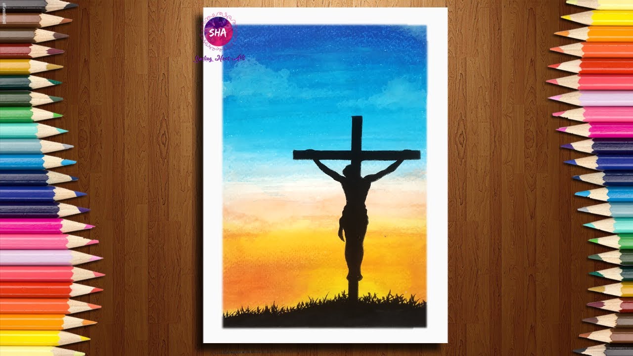 How to draw Jesus Christ on the cross | Easy Oil pastel Drawing | Jesus Silhouette | Holy Cross |
