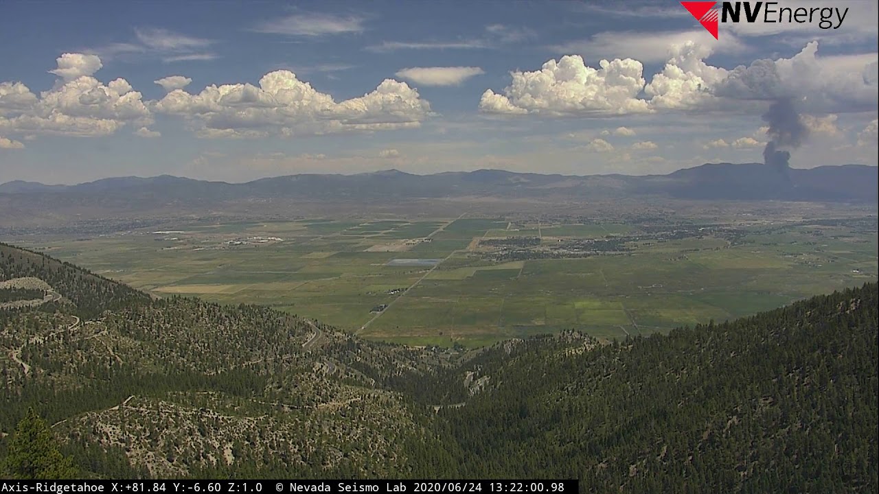 Rapidly developing Monarch Fire as seen from Ridge Tahoe ALERTWildfire camera at 1 PM