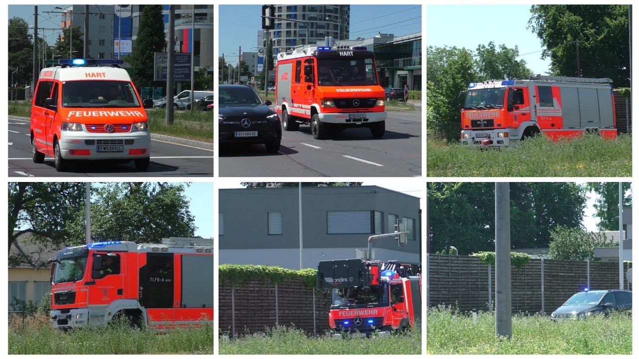 (DLK mit neuem Horn/Bullhorn) Einsatzfahrten aller 3 Freiwilligen Feuerwehren der Stadt Leonding.