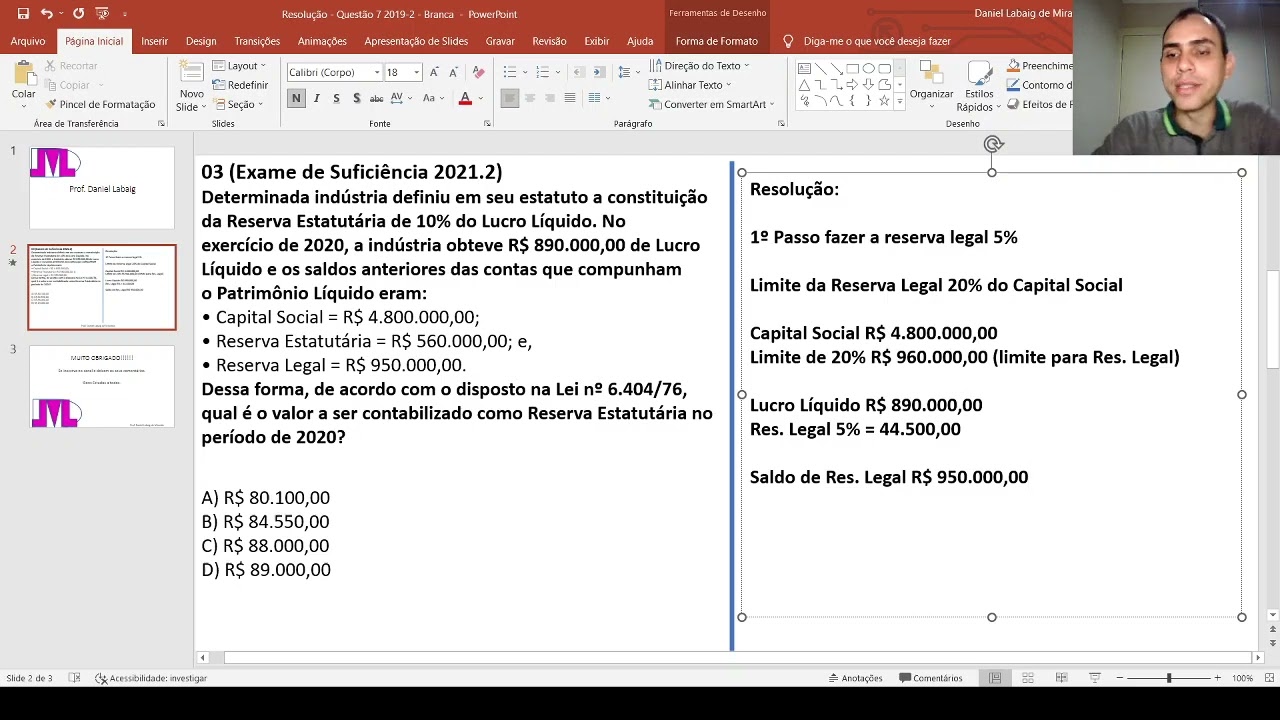 Resolução Exercício sobre Constituição de Reservas