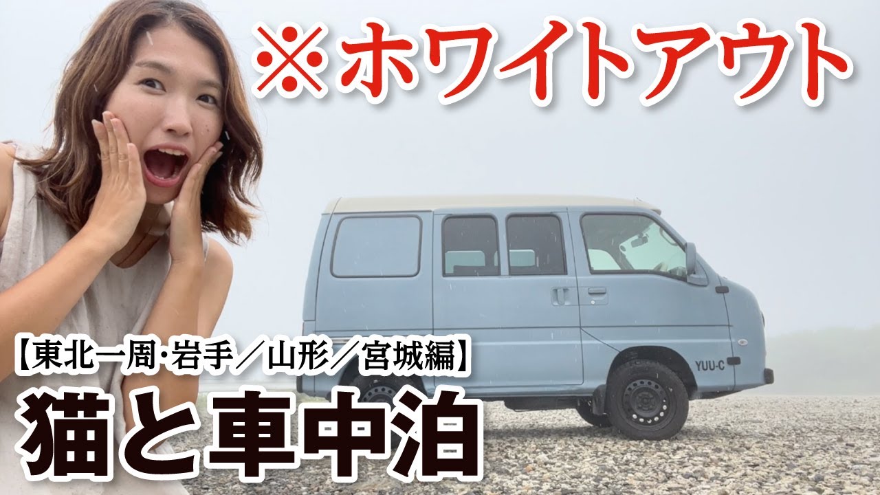 【軽バン車中泊女子】東北一周旅中にホワイトアウト！衝撃の光景！猫と車中泊ってどうしてるの？に答えます！／東北一周車中泊旅③