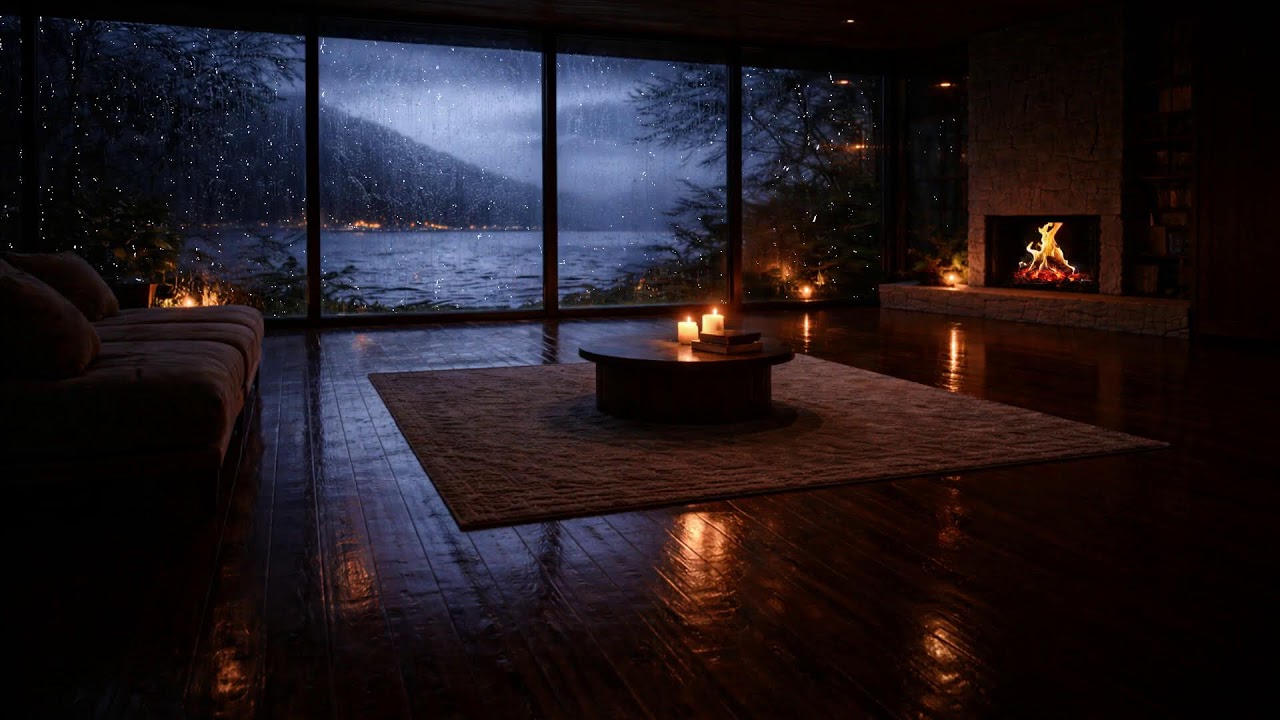 Night Rain Jazz Café 🎶 Warm Fireplace & Lake View