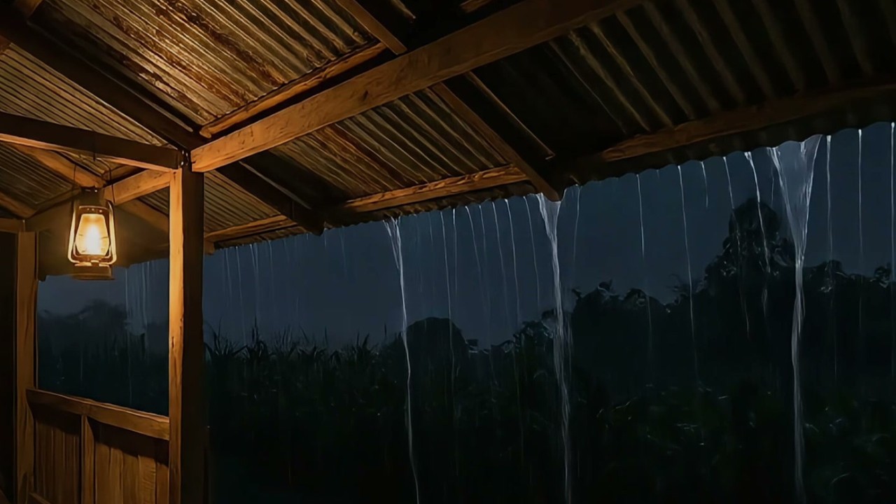 Heavy Night Rain Under a Tin Roof with Distant Nature Sounds | Deep Sleep Ambience